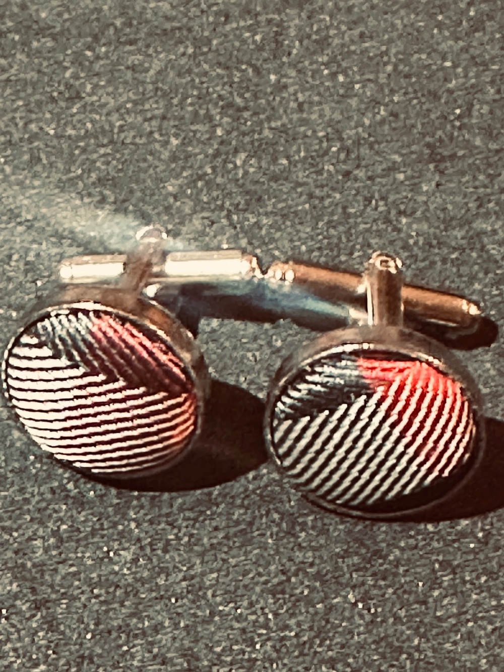 Round Silver-Tone Striped Cufflinks with Black and Red Detail
